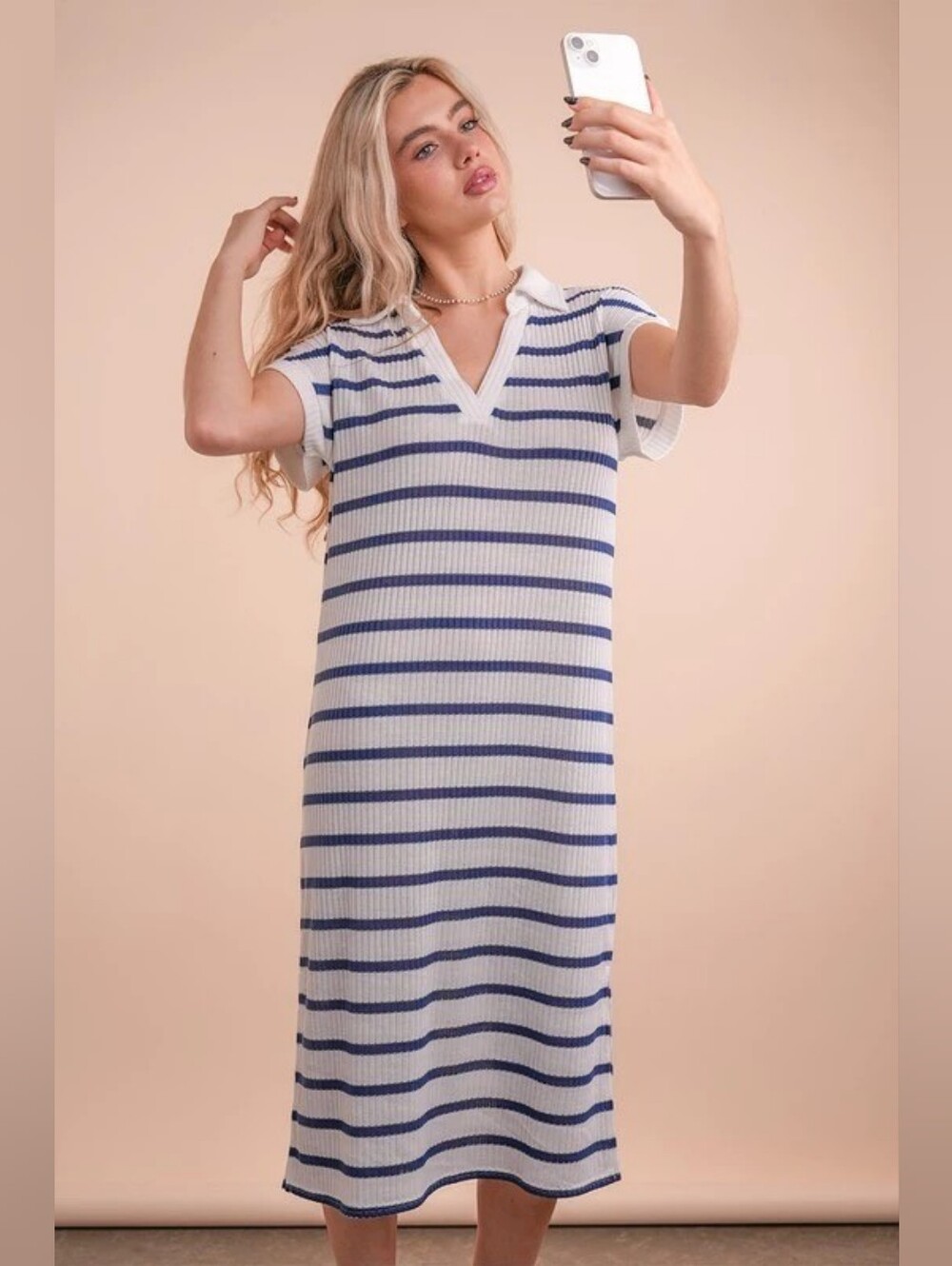 Pink Lily Blue White Striped Knit Polo Midi Dress Size L Slightly Sheer